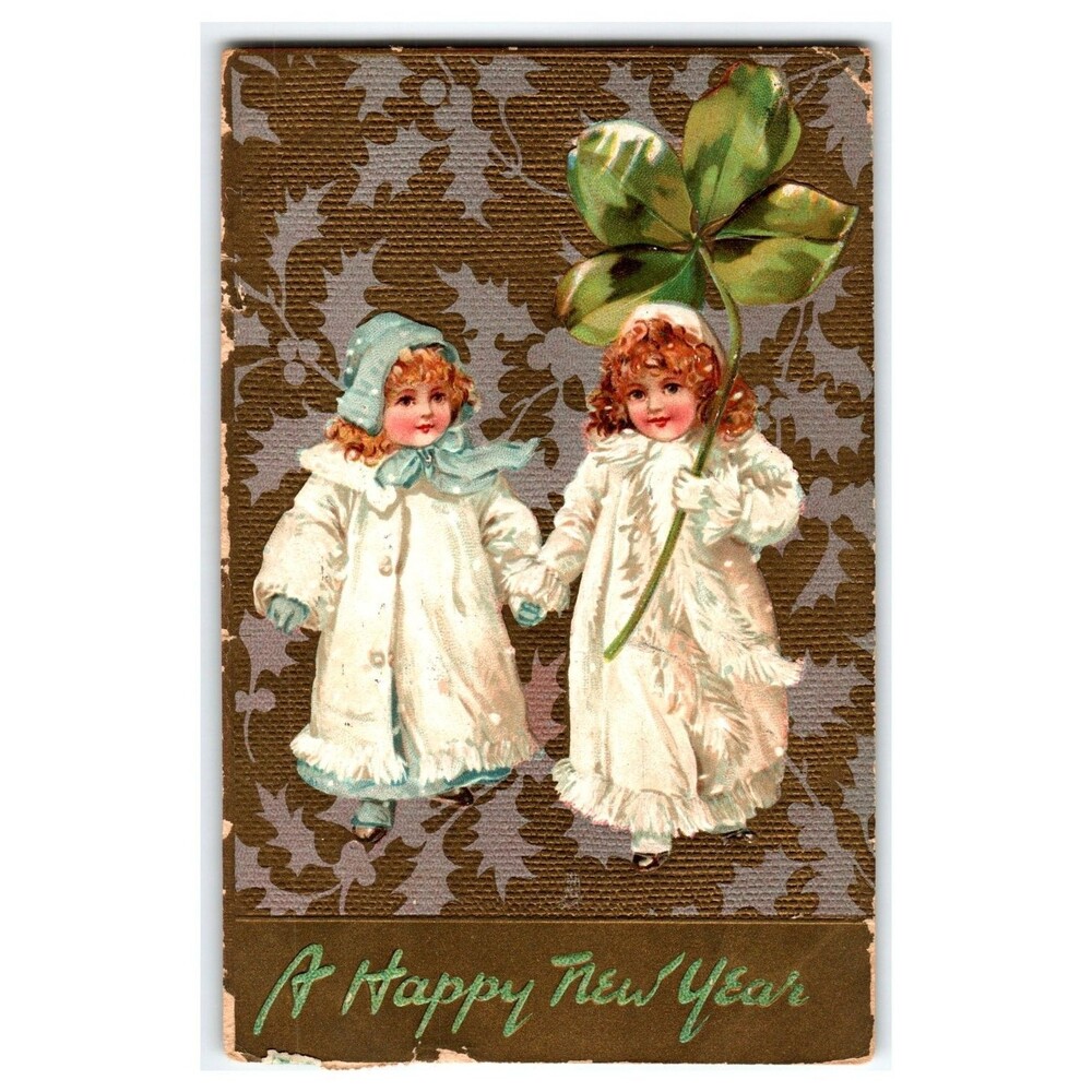 Tuck's New Year Postcard 1908 Embossed Children Shamrock Raphael Tuck & Sons